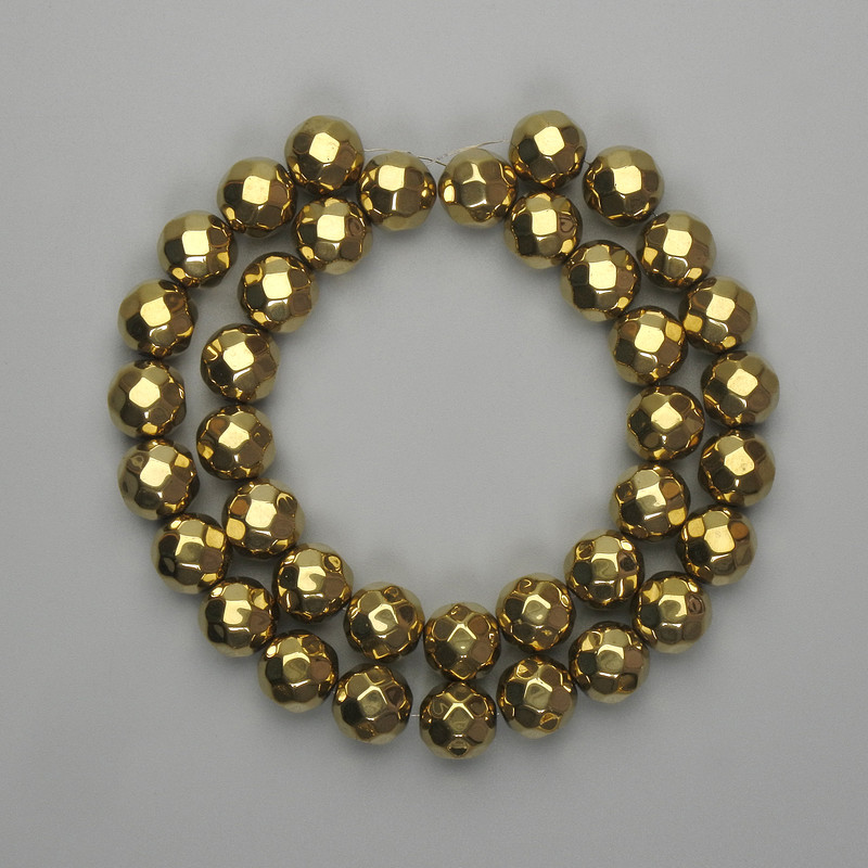 Hematite Beads, Faceted Round 10mm, Golden Color, Length 38 cm+