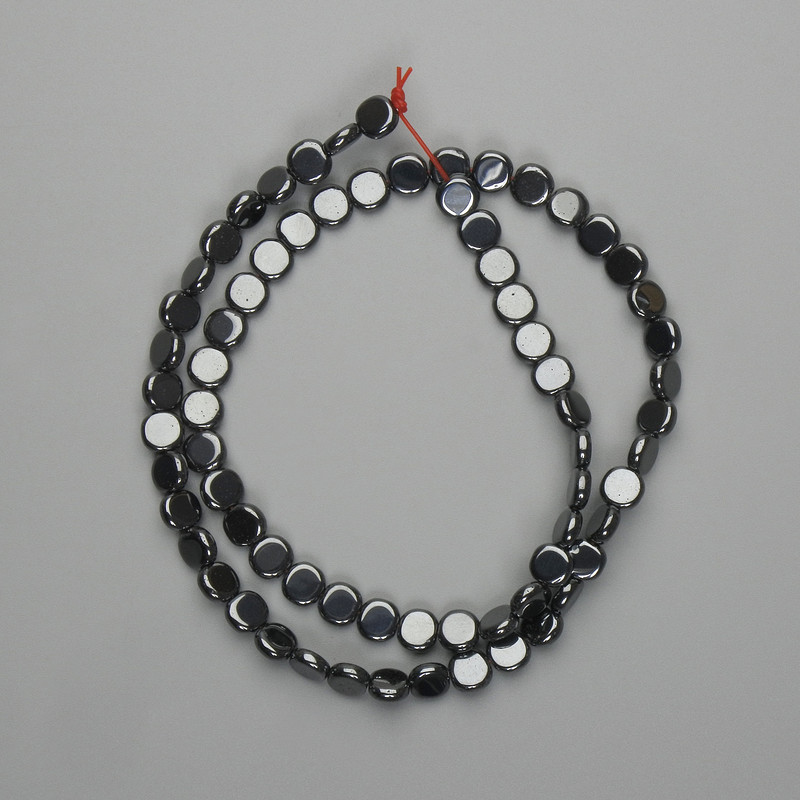 Hematite coin-shaped beads 6 mm, length 39 cm