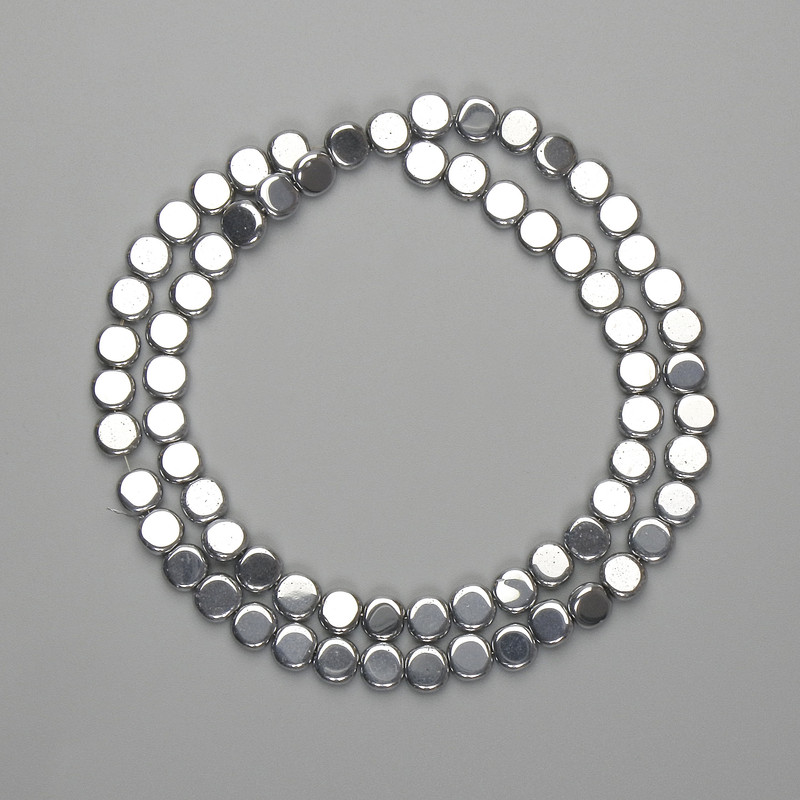 Hematite Beads, Silver Color, Coin 6mm+-, Length 38cm+-