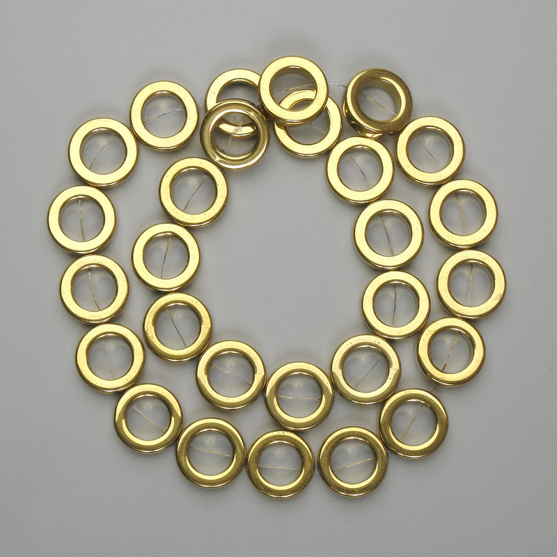 Hematite beads, gold color, round, 14 mm ±, length 38 cm ±