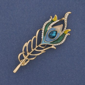 Feather Brooch with Enamel and Crystals, Gold-tone Metal, 72×24 mm +