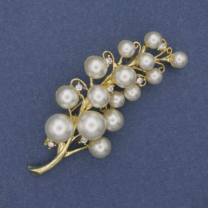 Brooch 'Mallorca Twig' with Crystals, Gold-Tone Metal, 70×28 mm +