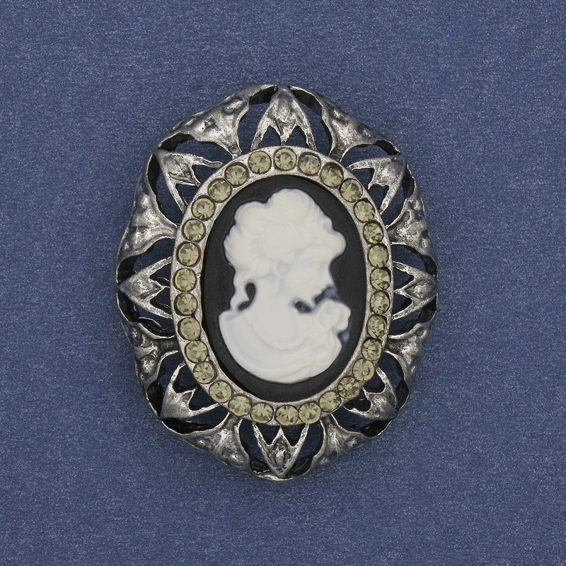 Cameo Brooch 'Lady' with Crystals, Silver-tone Metal, 32x25mm +