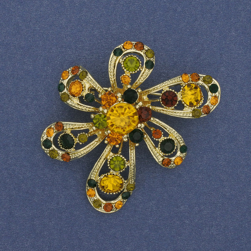 Flower Brooch with Crystals, Golden Metal, 46x47 mm+