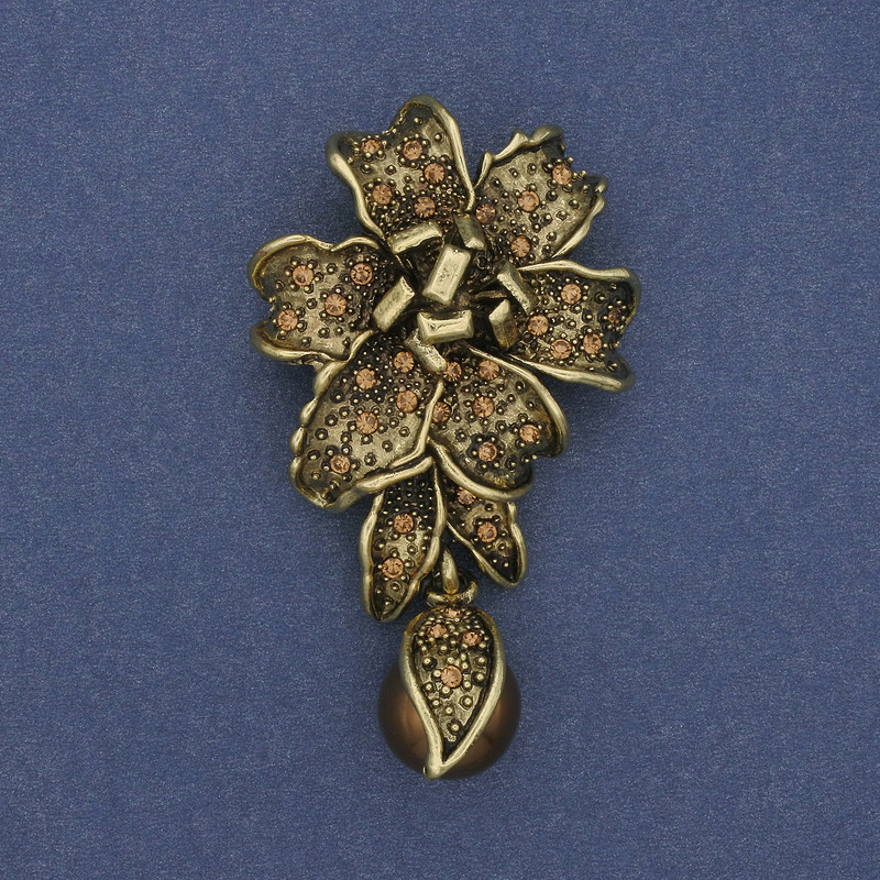 Flower Brooch-Pendant with Pearl and Crystals, Bronze-Colored Metal, 60x32mm+