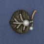 Leaf Brooch with Pearls and Crystals, Bronze-Colored Metal, 37×42 mm+