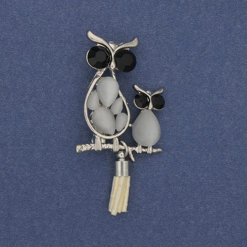 Owl Brooch Pendant with Cat's Eye Stone and Crystals, Silver Metal, 24 mm diameter, 50 mm length ±