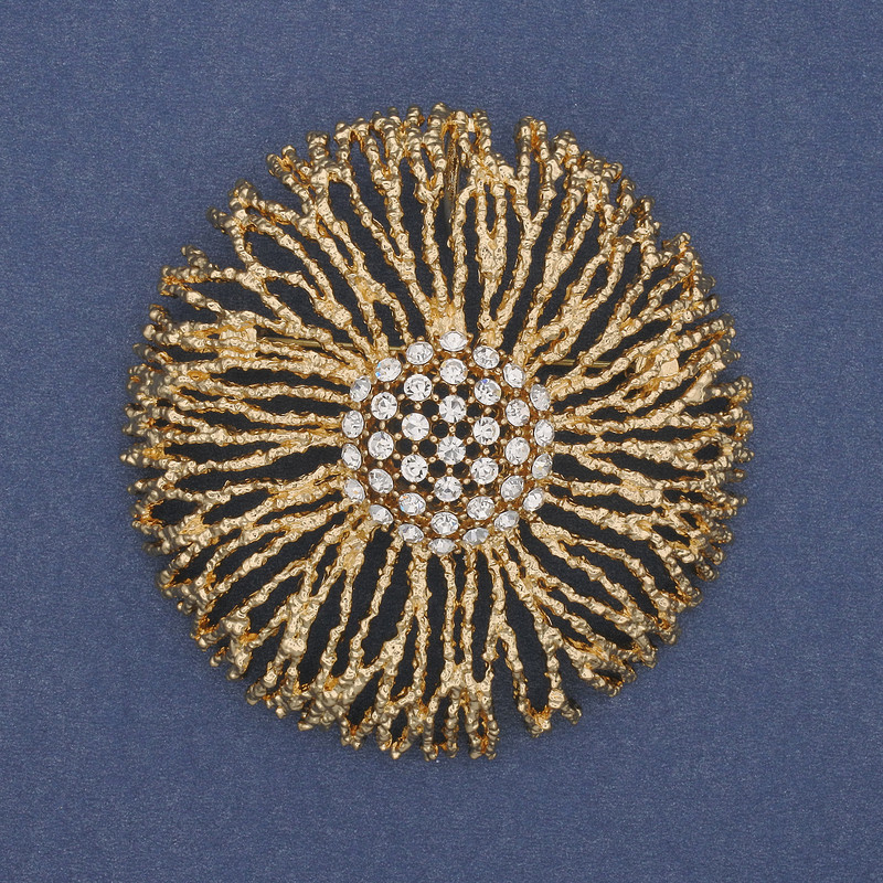 Accent Brooch Pendant with White Rhinestones, Gold-Toned Metal, 61 mm+