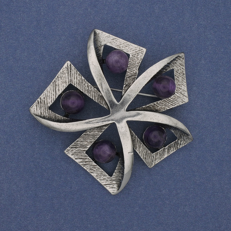 Brooch Accent Amethyst, Silvery Metal, 60mm+