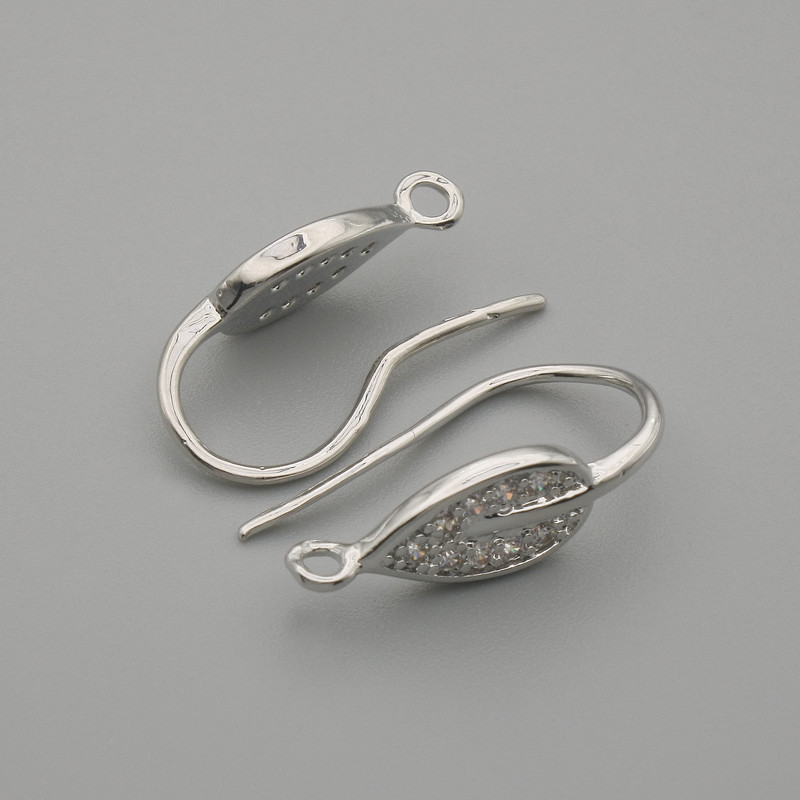 Leaf-Shaped Ear Wires with White Crystals, Silver-Tone Metal, 19×6 mm ± Pair