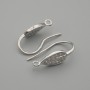Leaf-Shaped Ear Wires with White Crystals, Silver-Tone Metal, 19×6 mm ± Pair