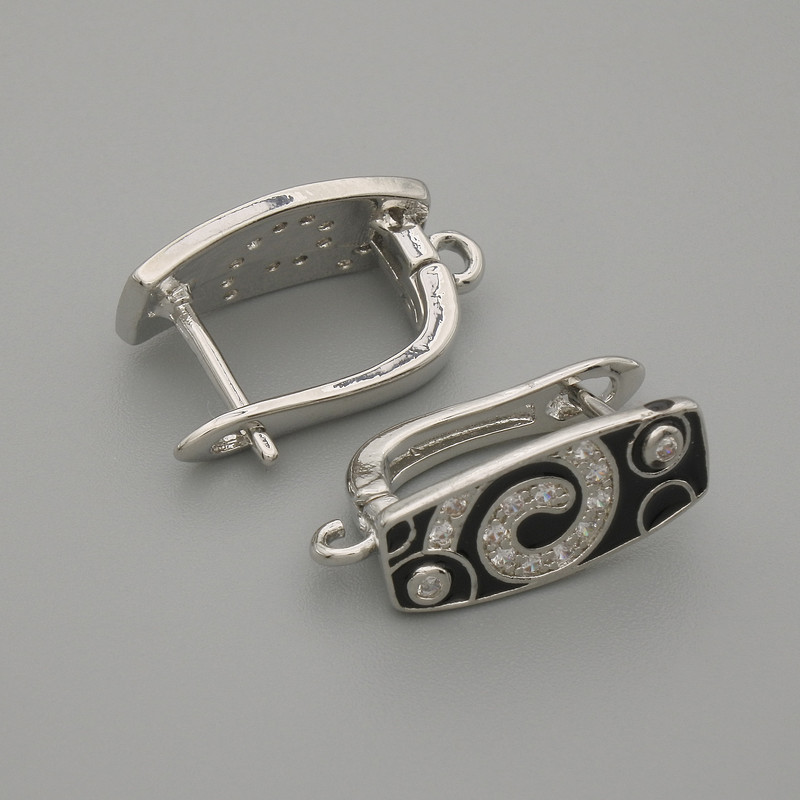Ear wires for earrings, silver-tone metal with black enamel and white rhinestones, 16×7 mm ±, pair