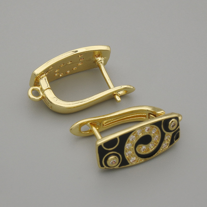 Ear Wires for Earrings, White Rhinestones, Black Enamel, Gold-Tone Metal, 16x7 mm ± Pair