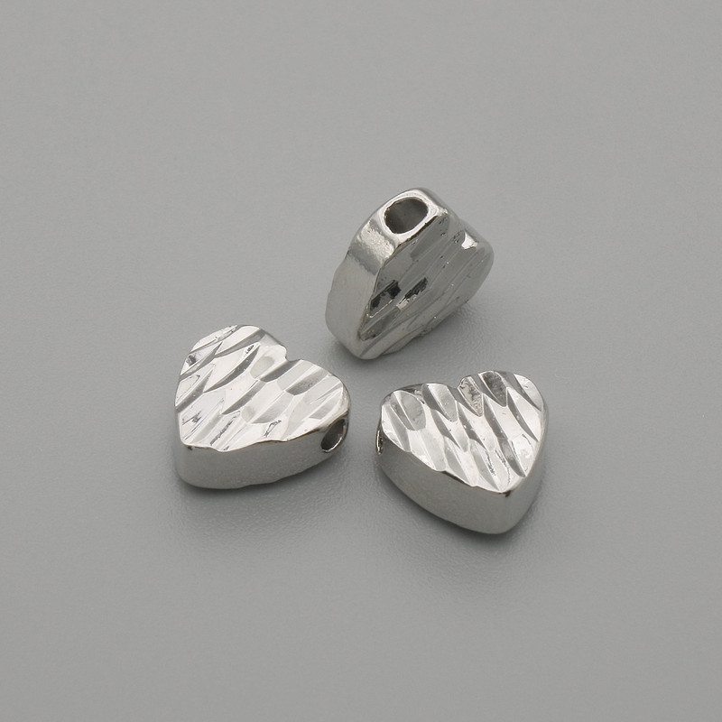 Bead insert, heart-shaped, silver metal color, diameter 7.5x8 mm ±, hole diameter 1.8 mm ±, per 1 piece