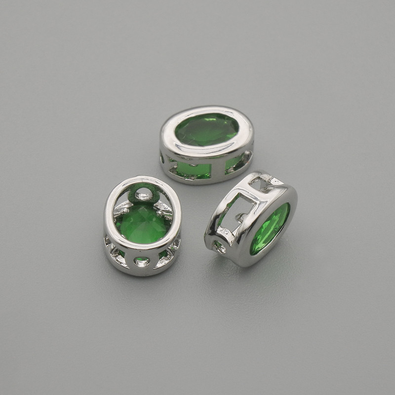 Bead insert with green crystal, silver oval, 9×7 mm, hole 1.3 mm, for 1 pc.