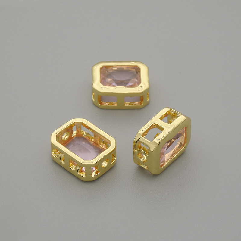Bead insert with pink crystal, gold-tone metal, 9×7 mm diameter, hole diameter approx. 1.3 mm, per 1 piece +