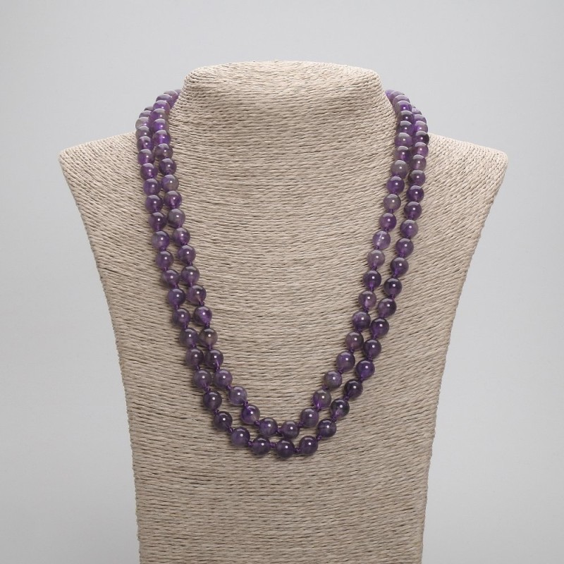 Long Amethyst Necklace with Smooth Round Beads, 8 mm Diameter, 114 cm Length