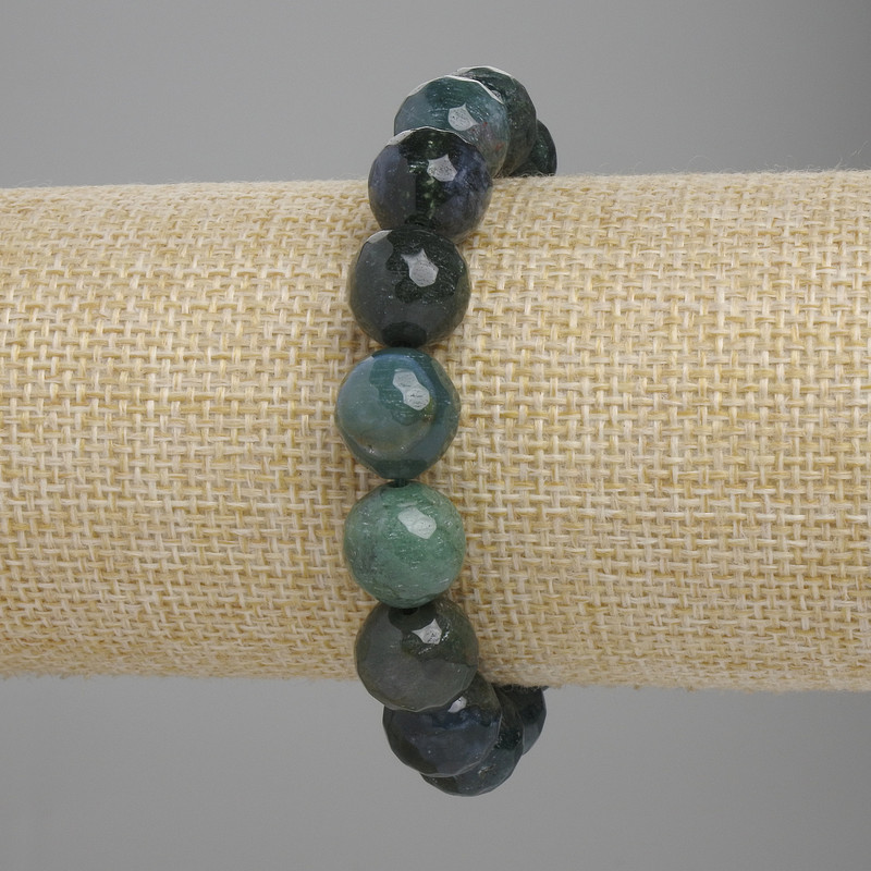 Bracelet with Green Jasper, Faceted Beads, 12 mm Diameter, 18 cm Length, Elastic
