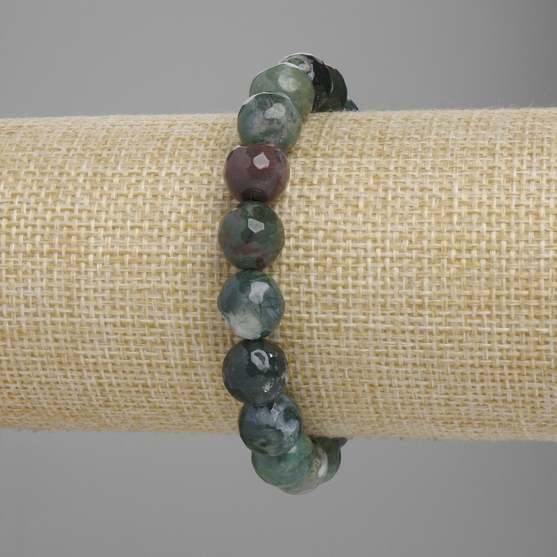 Clearance! Moss Agate Bracelet with Faceted Bead, 10 mm Diameter ±, 18 cm Length ±, Stretch