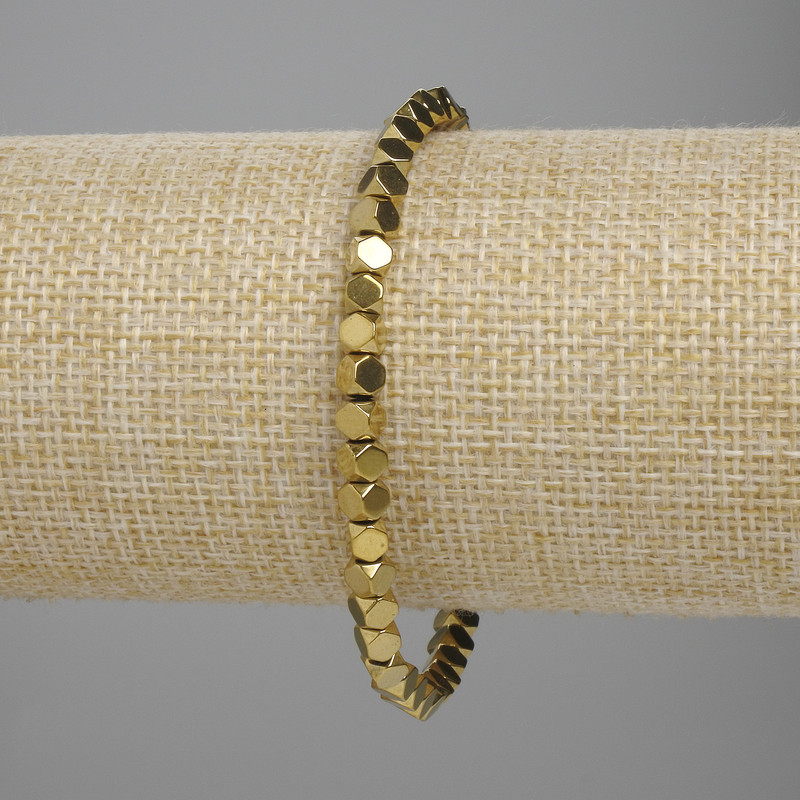 Hematite Bracelet, 4x4 mm Faceted Beads, Gold Color, 18 cm Length, Stretch
