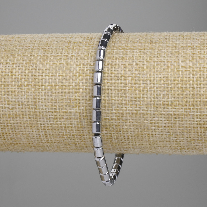 Hematite Bracelet Cylindrical Beads 5×4 mm ±, Silver Color, Length 18 cm ±, Stretch