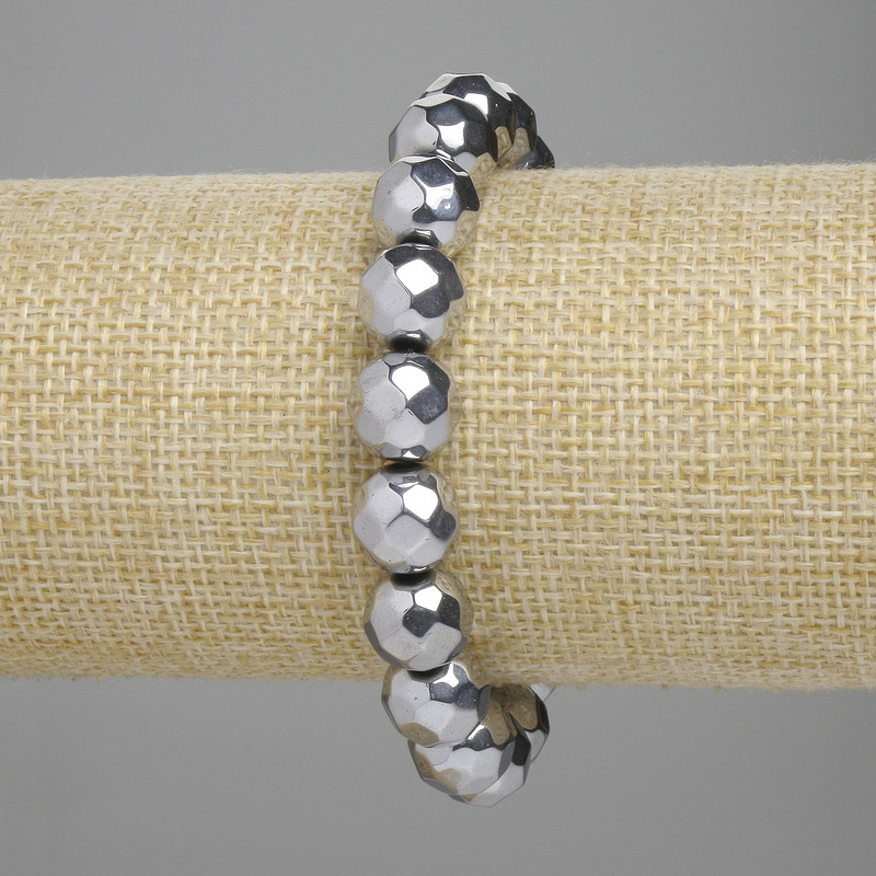 Hematite bracelet with faceted beads 10 mm ±, silver color, 18 cm length ±, stretch bracelet