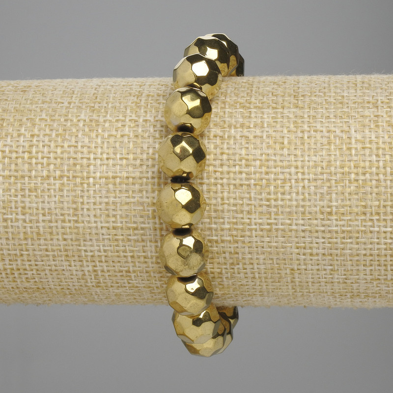 Faceted Hematite Bead Bracelet, 10 mm Beads, Golden Color, 18 cm Length, Stretch