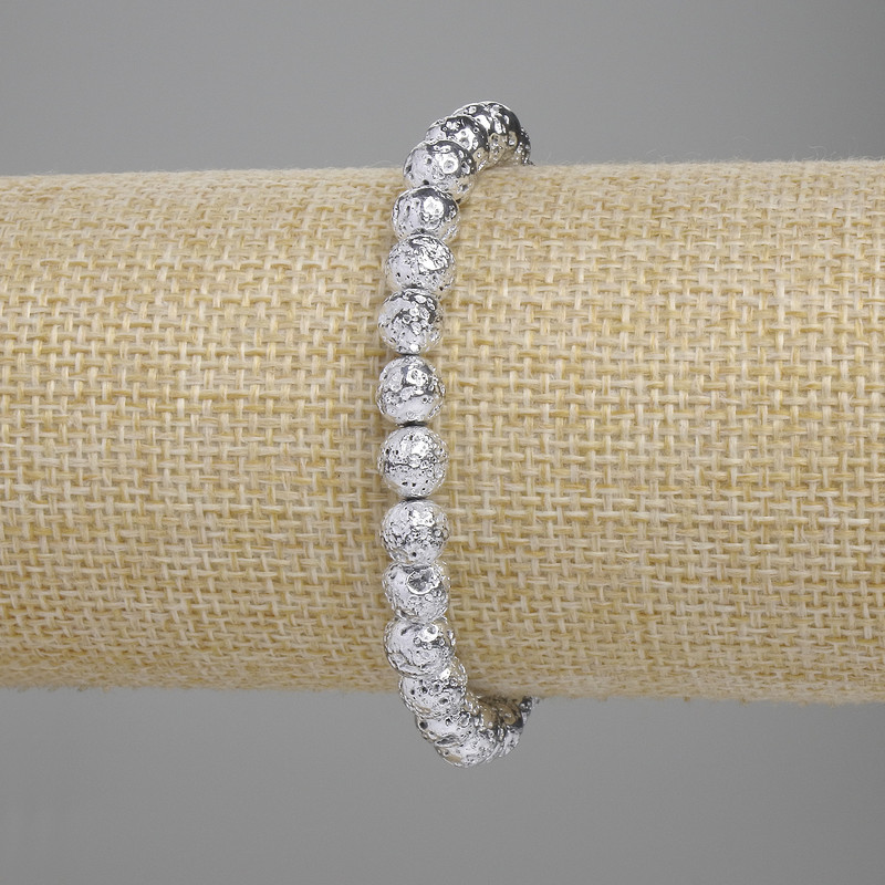 Lava Bracelet with Silver-Tone Metal Finish, Porous Beads 6.5 mm, Length 18 cm, Stretch