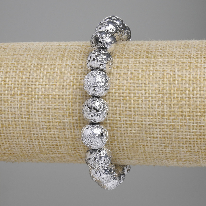 Lava Stone Bracelet with Silver-Plated Finish, Porous Bead 10.5 mm±, Length 18 cm±, Stretch