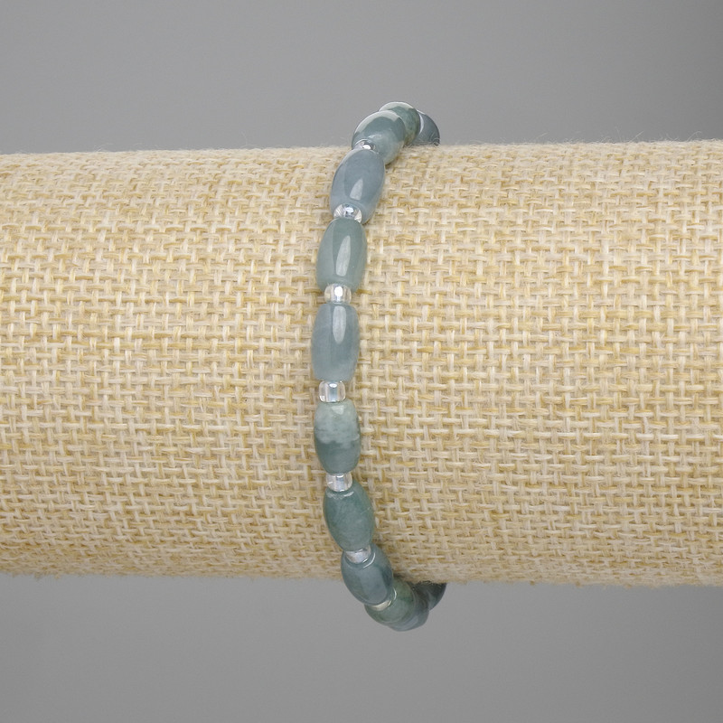 Jadeite Bracelet with Barrel Beads, 8x5 mm, 3 mm Seed Beads, Length 18 cm, Stretch