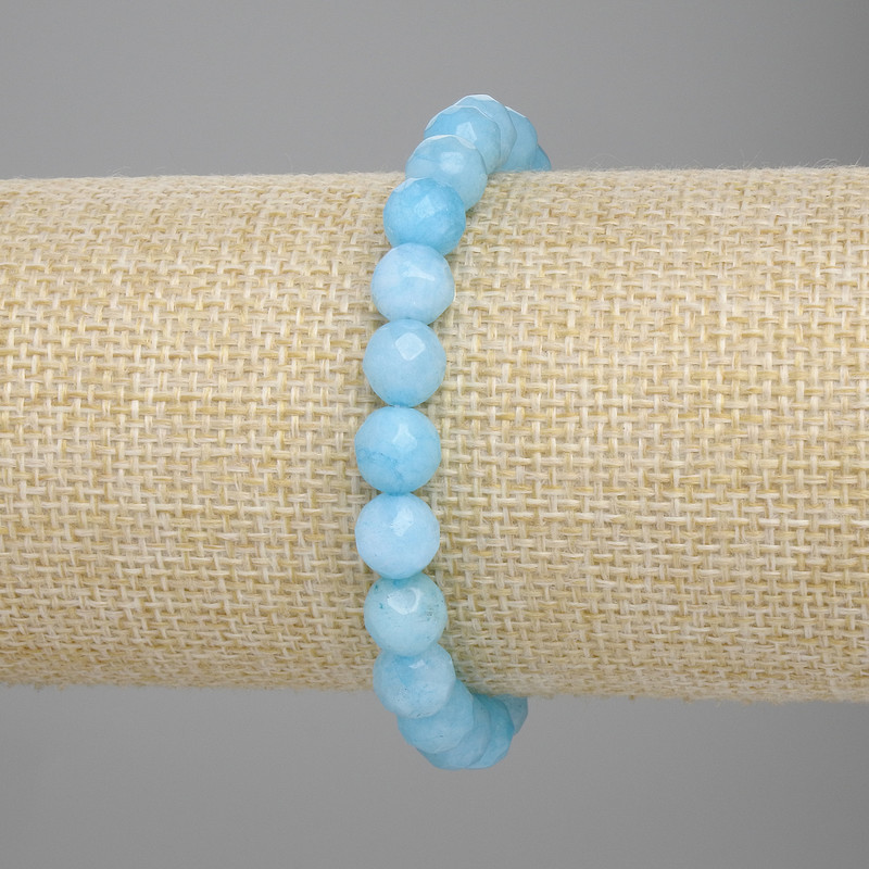 Aquamarine Bracelet with Faceted Beads, 8 mm Diameter, 18 cm Long, Stretch
