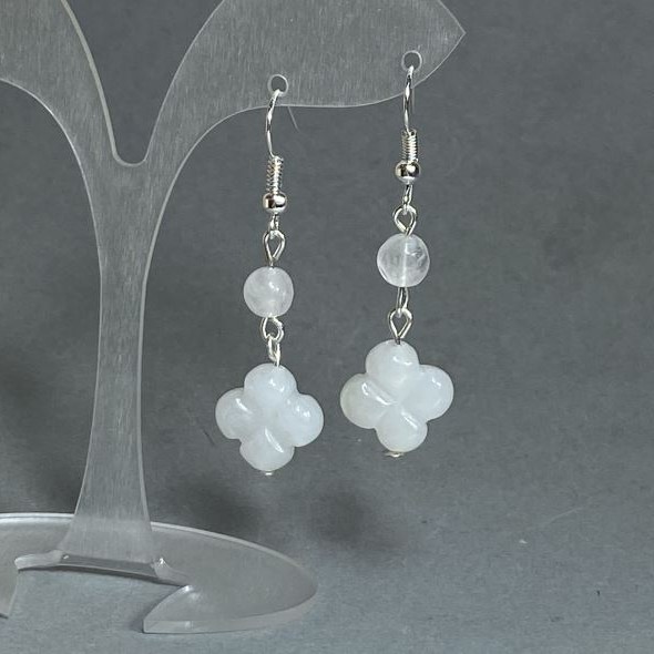 Earrings with Rock Crystal — Faceted 6 mm ball + Clover 14 mm, 45 cm long