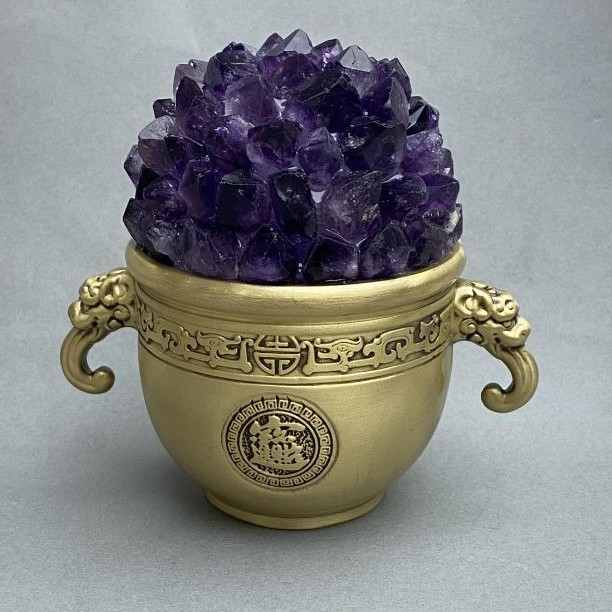 Amethyst Druzy in a Decorative Metal Bowl with Handles in Oriental Style 105 x 70 x 105 mm