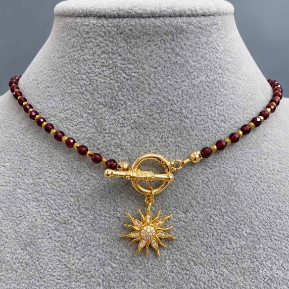 Garnet and Hematite Choker with Sun Pendant, Faceted Garnet Beads 4 mm ± and Hematite Beads 2 mm ±, Sun Pendant 20 mm ±, Length 37 cm ±, Toggle Clasp