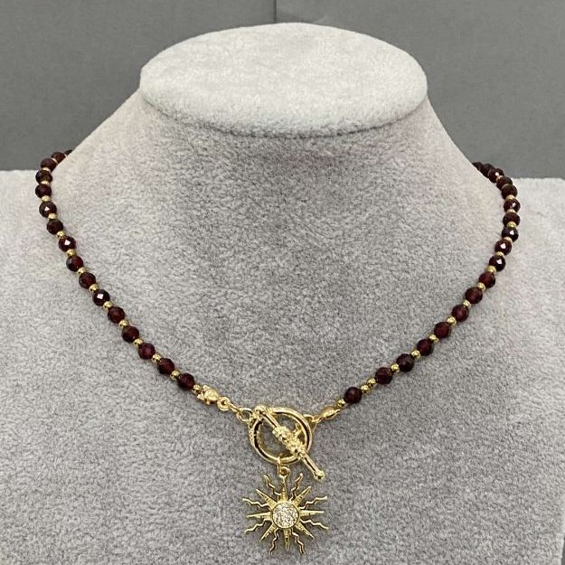 Garnet and Hematite Choker with Sun Pendant, Faceted Garnet Beads 4 mm ± and Hematite Beads 2 mm ±, Sun Pendant 20 mm ±, Length 37 cm ±, Toggle Clasp