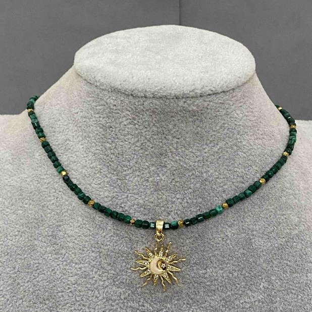 Choker malachite faceted cube 2mm+- hematite faceted 2mm+- with sun pendant 20mm+-, length 36cm + extender chain