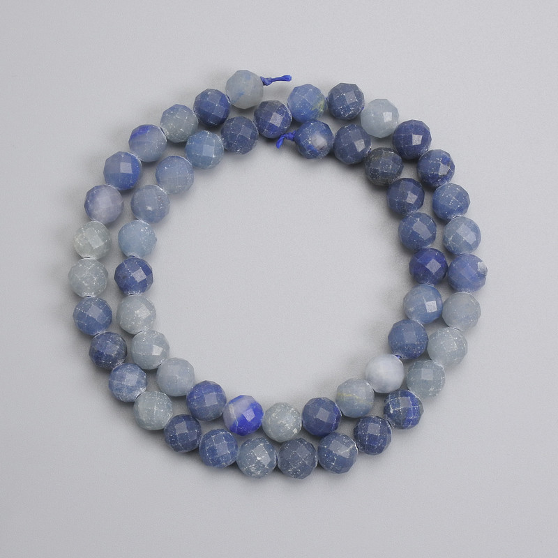 Blue aventurine faceted beads, 7 mm ±, strung on a thread, 39 cm long ±