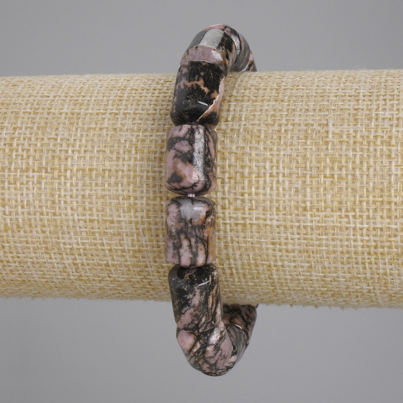 Rhodonite Bracelet with Cylindrical Beads, 14×10 mm Diameter, 18 cm Length ± Stretch