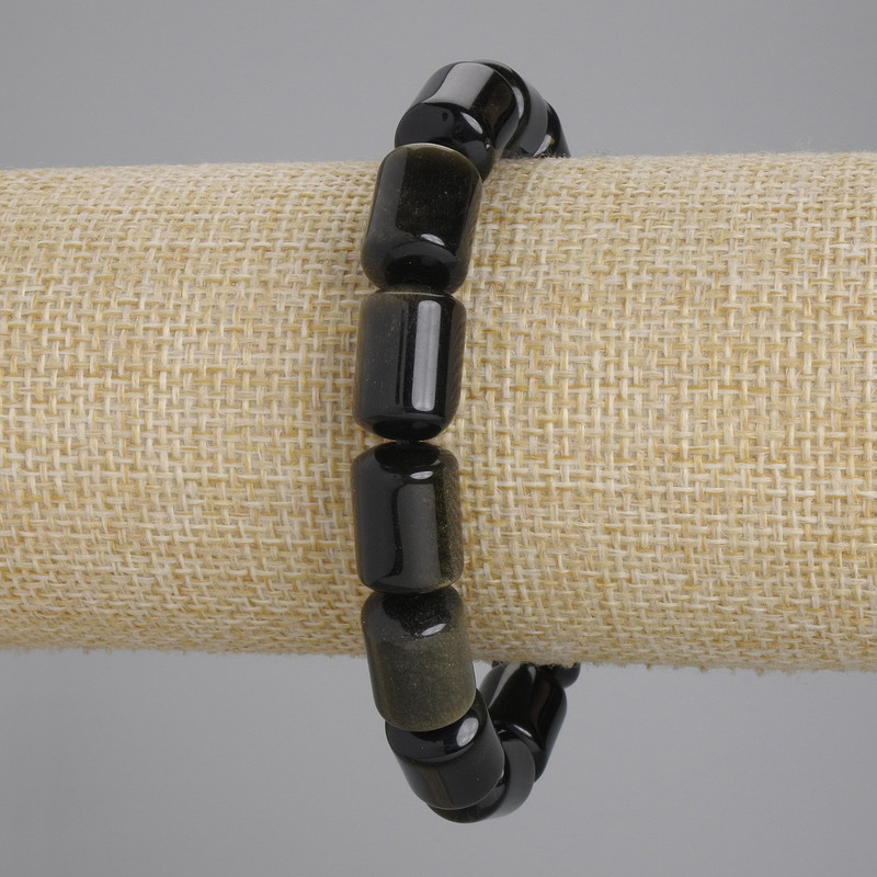 Sun Obsidian Cylindrical Bead Bracelet, 14×10 mm diameter, 18 cm length, stretch
