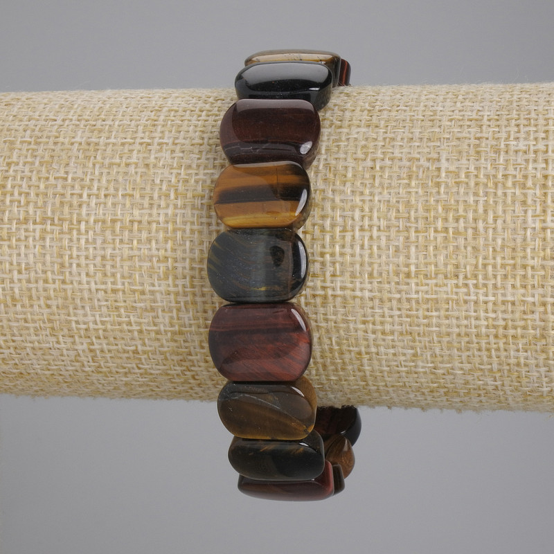 Bracelet of Tiger's Eye, Bull's Eye and Falcon's Eye, faceted beads, diameter 15×10-11 mm, length 18 cm ± stretch