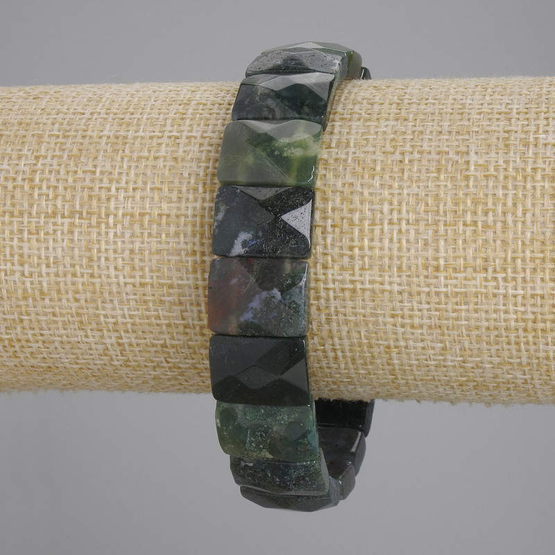 Moss Agate Bracelet, Faceted Links, diameter 15×11 mm ±, length 18 cm ±, stretch