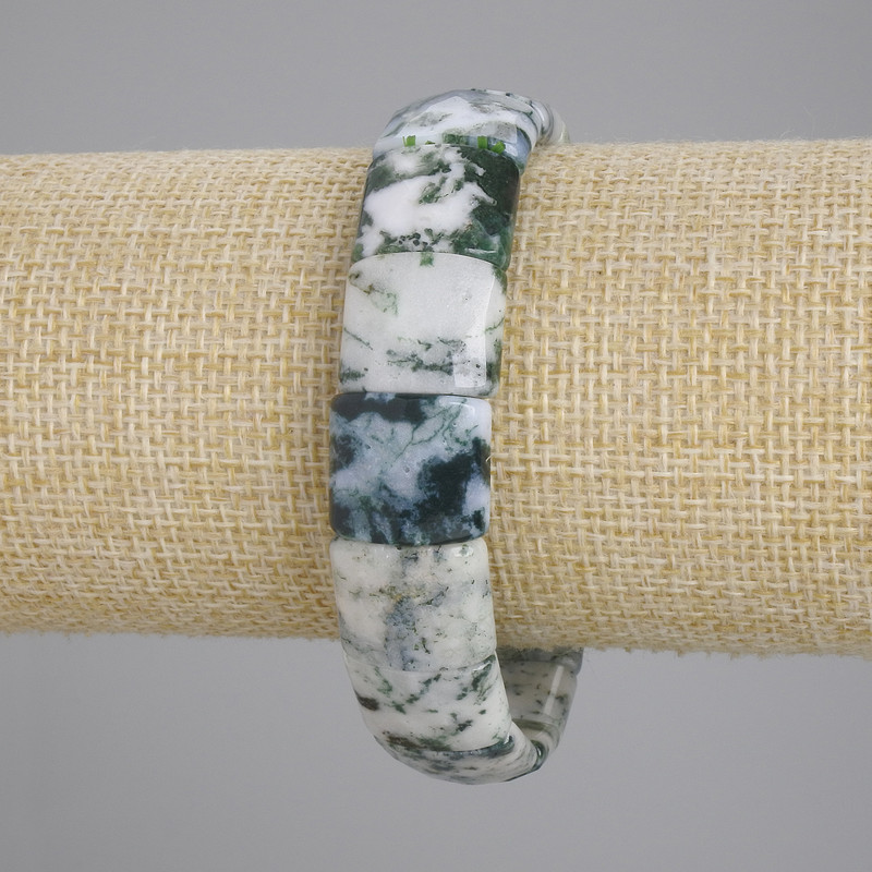 Moss Agate Bracelet with Faceted Links, Diameter 15×13–14 mm, Length 18 cm, Stretch