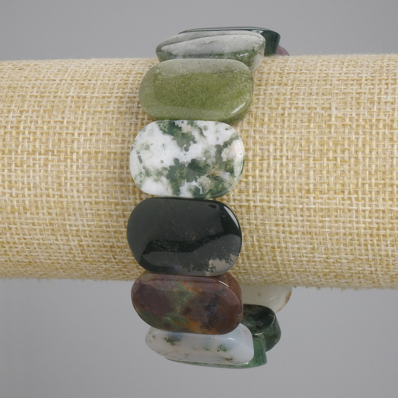 Moss Agate Link Bracelet, 24×16 mm, length 18 cm, stretch