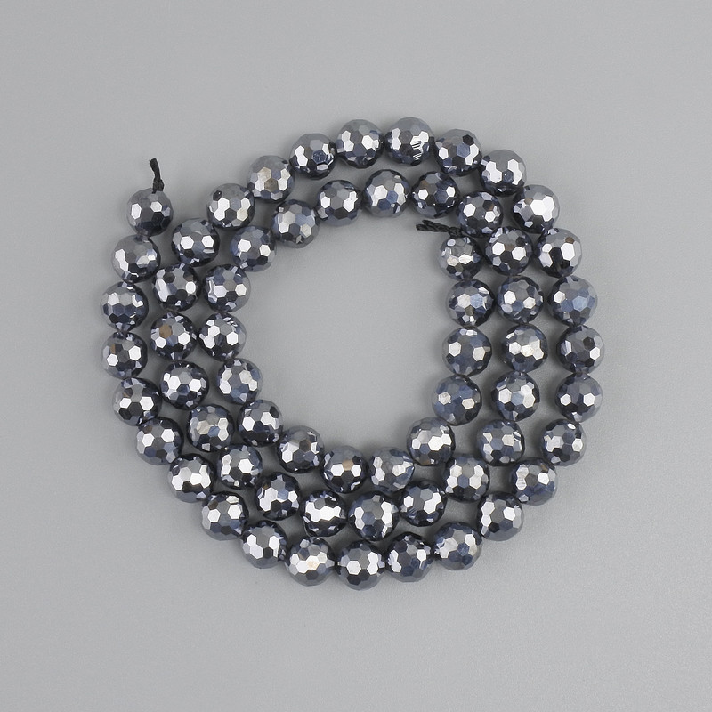 Terahertz Beads, Faceted Ball, 6 mm Diameter (+-), 38 cm Length (+-), on Thread