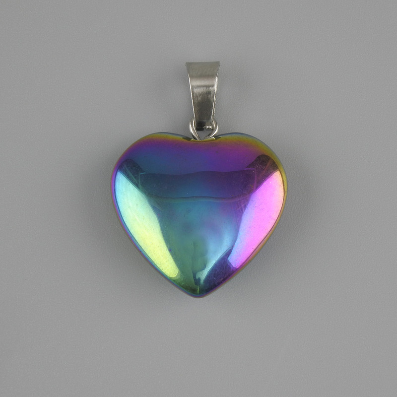 Heart Pendant in Hematite with 'gasoline' iridescence, 20×20 mm ±, length ~28 mm ±