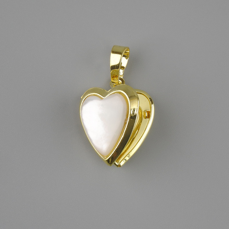 Heart Pendant for Photo with Mother-of-Pearl, dimensions 17×18 mm, length 28 mm, gold-tone metal