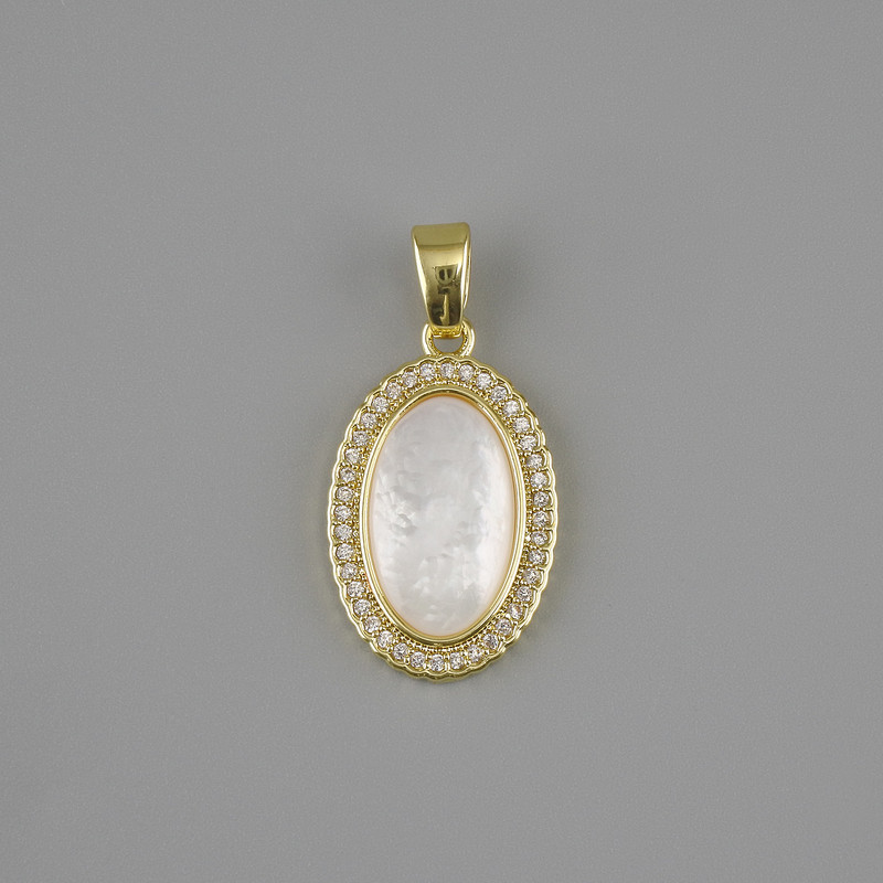 Pendant with Mother-of-Pearl and White Crystals, 21×13 mm diameter, 25 mm length, gold-tone metal