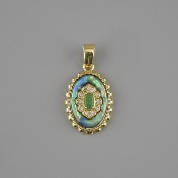 Haliotis Pendant with White Rhinestones, 21×13 mm diameter, approx. 27 mm long, gold-tone metal