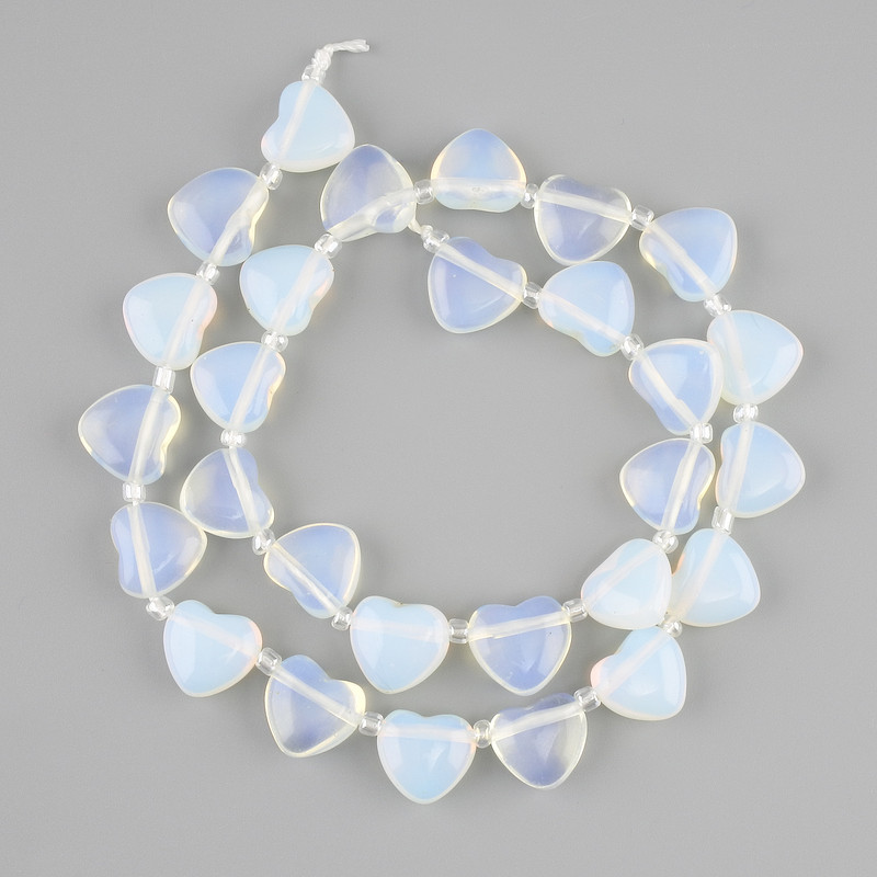 Opalite Moonstone Heart Beads, diameter 12×11-11 mm, 5 mm±, seed beads 3 mm±, length 39 cm± on thread