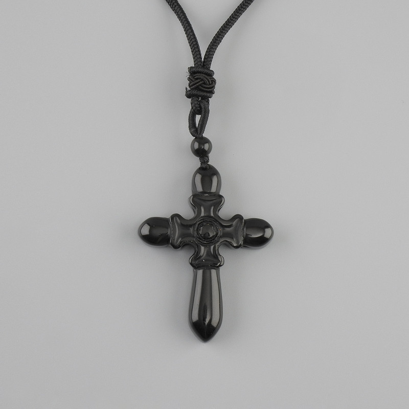 Cross Pendant in Black Agate, 47×36 mm diameter ±, on a black cord with adjustable length, 78 cm+